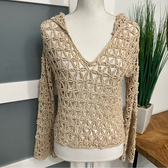 Free People Tops - Free People Crochet Knit Hooded Sweater SZ Small Tan Beach Wear Summer EUC